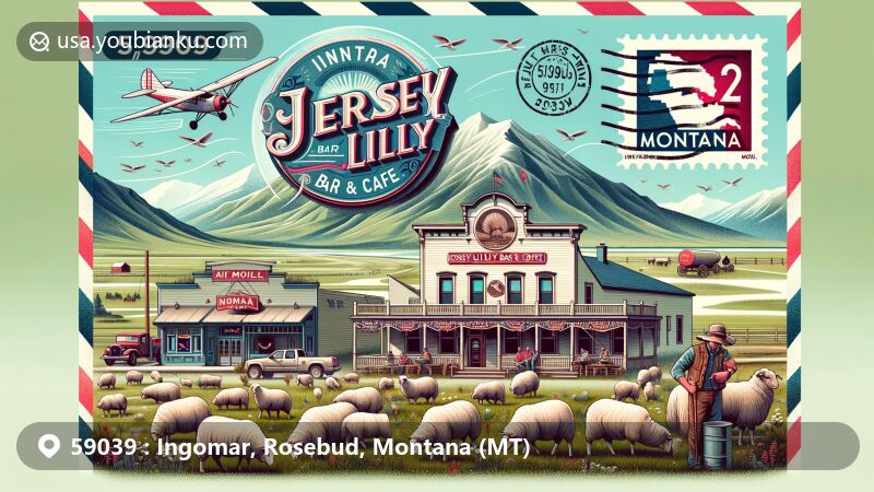 Modern illustration of Ingomar, Montana, featuring a stylized airmail envelope with ZIP code 59039, Jersey Lilly Bar and Cafe, sheep raising scene, Montana emblem, and natural scenery.