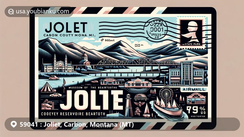 Modern illustration of Joliet, Carbon County, Montana, showcasing postal theme with ZIP code 59041, featuring Cooney Reservoir State Park, Museum of the Beartooths, and the Joliet Bridge.