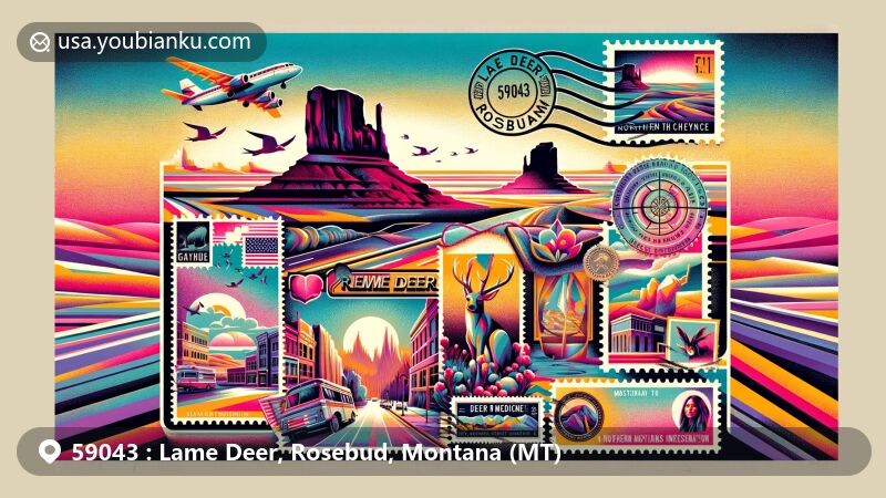 Modern illustration of Lame Deer, Rosebud, Montana, inspired by postal design with ZIP code 59043, featuring Northern Cheyenne Reservation, Deer Medicine Rocks, and the Northern Cheyenne Powwow.
