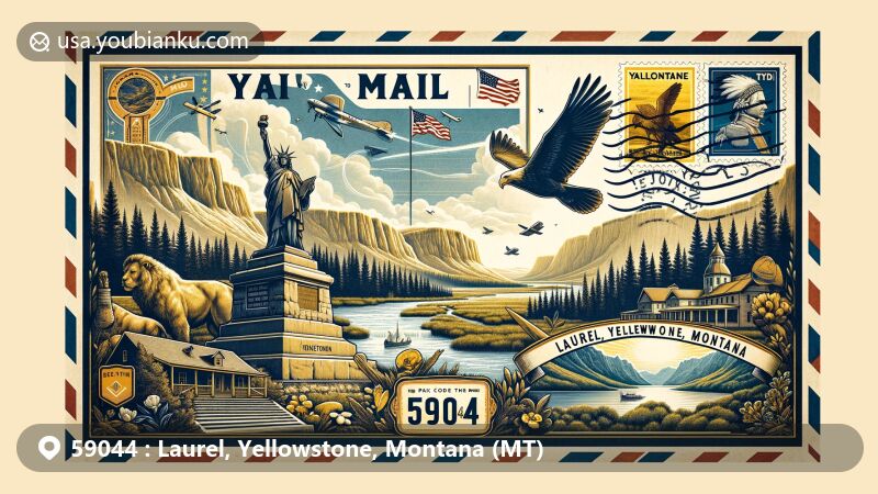 Artistic illustration of Laurel, Yellowstone, Montana, showcasing Chief Joseph Monument, Montana map, state flag, Yellowstone River stamp, and outdoor recreational themes.