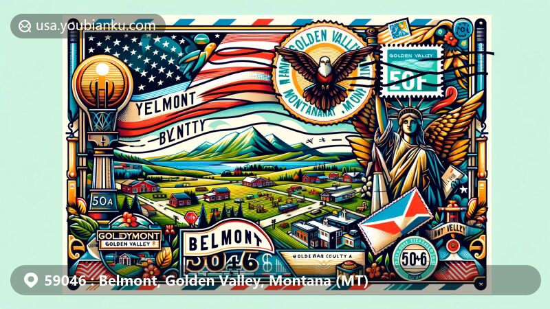 Modern illustration of Belmont, Golden Valley, Montana (MT), capturing ZIP code 59046 with iconic state symbols and local landmarks, set in a vibrant postcard format.