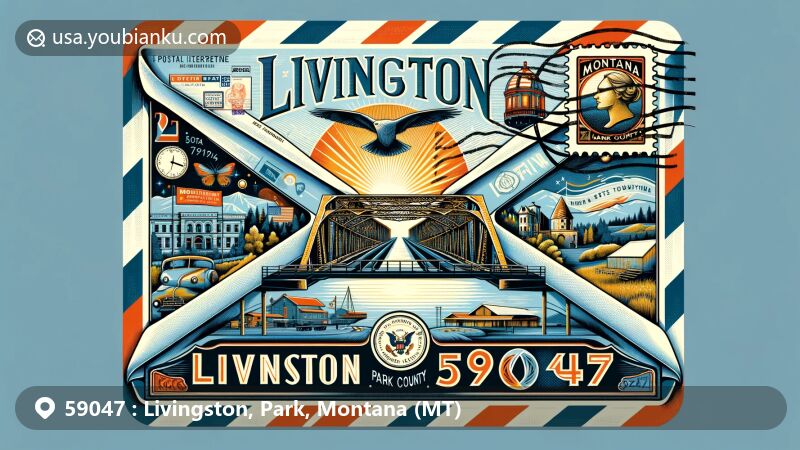 Modern illustration representing Livingston, Park County, Montana, with a vintage-style airmail envelope featuring Kprk Bridge and Montana state flag on the stamp, highlighting ZIP code 59047.