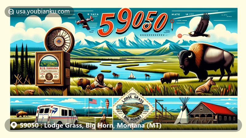 Illustration of Lodge Grass, Big Horn, Montana, showcasing Little Bighorn River, grass-covered uplands, and buffalo, with Crow Indian Reservation elements like tepees and Crow Fair celebration. Stylized vintage airmail envelope highlighting ZIP code 59050, Montana state symbols.