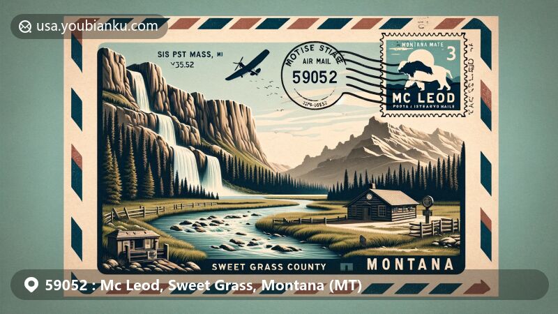Vintage-style illustration of Mc Leod, Sweet Grass County, Montana, featuring mountain streams, Lion's Head rock, Natural Bridge Falls, and postal theme with Montana state flag stamp and historic post office.