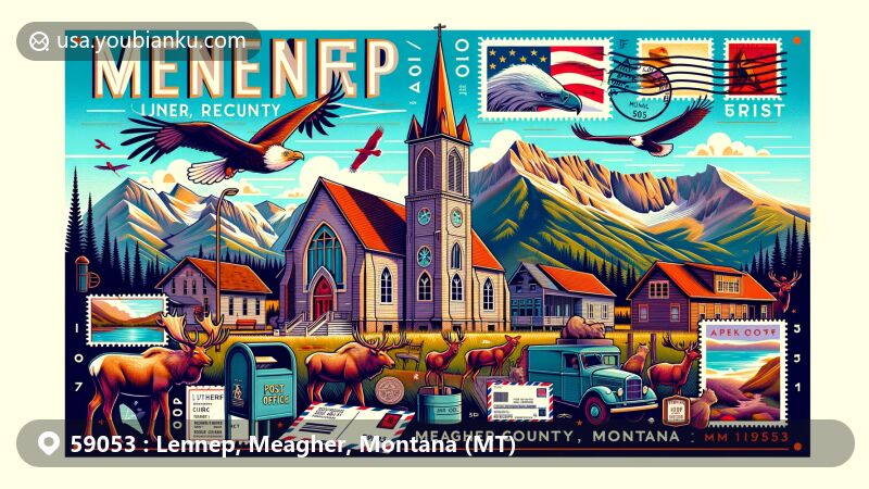 Modern illustration of Lennep, Meagher County, Montana, featuring the active Lutheran Church against the Castle Mountains backdrop and local wildlife, with postal-themed elements and ZIP code 59053.