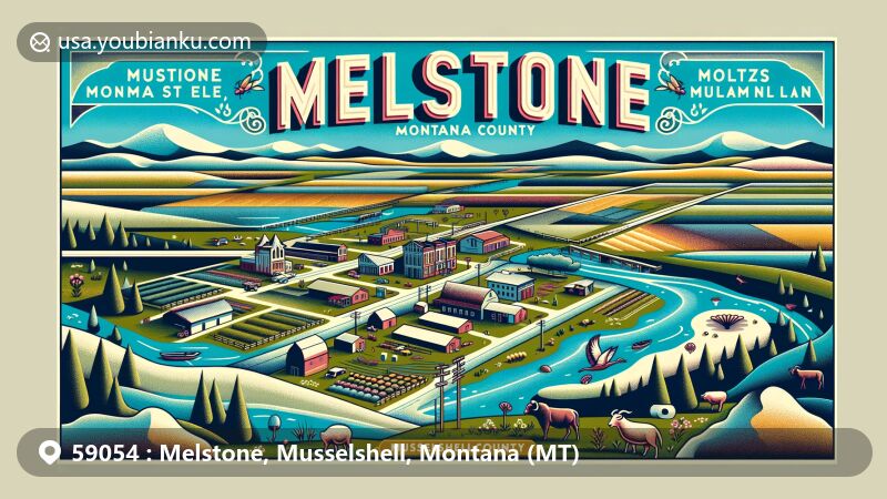 Modern illustration of Melstone, Montana, showcasing postal theme with ZIP code 59054, featuring farms, ranches, and distant hills, adorned with Musselshell River patterns and Montana state motif.