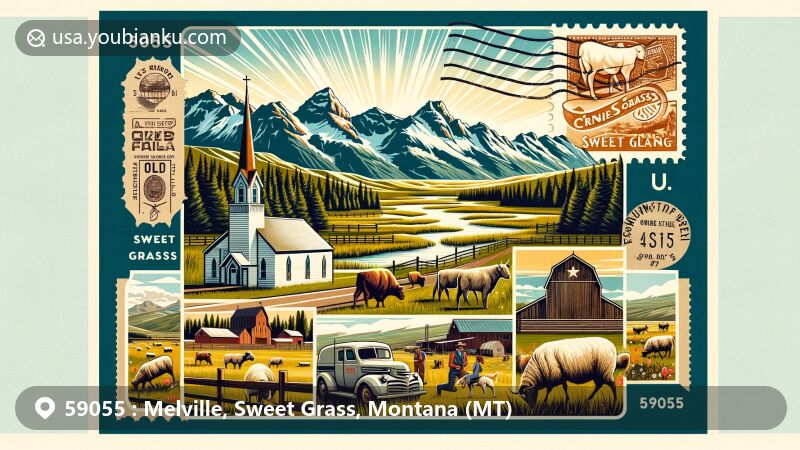Modern illustration of Melville, Sweet Grass County, Montana, featuring scenic beauty with Crazy Mountains backdrop and local ranching history, including a Lutheran church and symbols of sheep and cattle industry.
