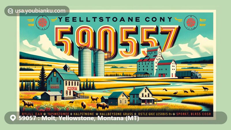 Vintage-style postcard illustration of Molt, Yellowstone County, Montana, highlighting ZIP code 59057 with rural village charm, grain elevators, and short grass prairie landscapes.