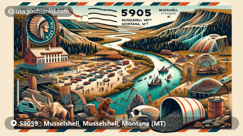 Modern illustration of Musselshell, Musselshell County, Montana, showcasing the unique features of the area with an aerial view of the winding Musselshell River, highlighting the region's geographical and historical significance, including artifacts, fossils, and community events.