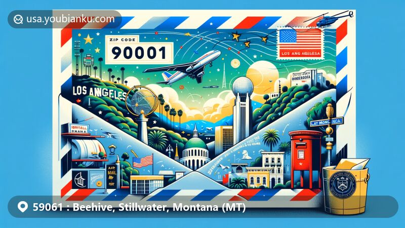 Modern illustration of ZIP Code 90001 area in Los Angeles, California, resembling an air mail envelope featuring Hollywood Walk of Fame, Griffith Observatory, and Santa Monica Pier.