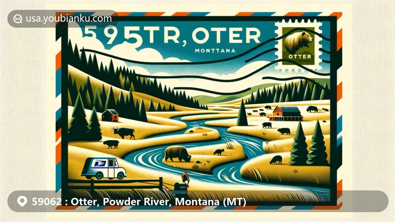 Contemporary illustration of Otter, Powder River County, Montana, inspired by airmail theme with ZIP code 59062, highlighting Custer National Forest, Powder River, and ranching history.