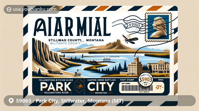 Modern illustration of Park City, Stillwater County, Montana, featuring Yellowstone River symbolizing natural beauty and fishing activities, with historic sandstone architecture and Canyon Creek Battlefield Monument, showcasing ZIP code 59063 and 'Park City' name.