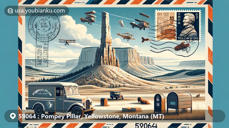 Modern illustration of Pompeys Pillar, Yellowstone County, Montana, highlighting historic landmark linked to Lewis and Clark Expedition with sandstone features, petroglyphs, and Captain Clark's signature.