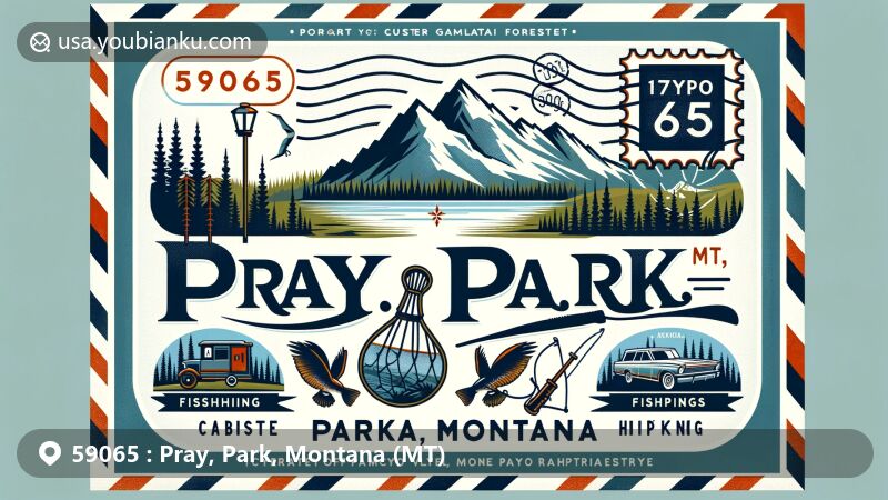 Modern illustration of Pray, Park, Montana (MT), featuring the ZIP Code 59065, with the Absaroka Mountain Range and symbols of outdoor activities like fishing, camping, and hiking.