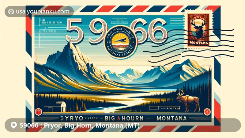 Modern illustration of Pryor, Big Horn County, Montana, showcasing Pryor Mountains, Crow Indian Reservation, Custer National Forest, and Montana state flag, with airmail envelope theme.