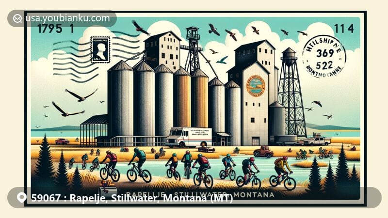 Modern illustration of a postal envelope-shaped postcard featuring the iconic high granaries of Rapelje, Montana. Background showcases cyclists participating in the 24-hour endurance mountain bike race in Rapelje. Foreground highlights bird species and wildlife from Hailstone and Halfbreed National Wildlife Refuges. Postal elements like stamps, postmarks, ZIP Code '59067', mailbox, and mail truck are integrated along the edges.