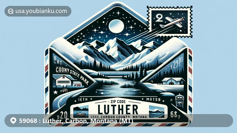 Modern illustration of Luther, Carbon County, Montana, in the shape of an airmail envelope, featuring Beartooth Highway with snowcapped mountains, glaciers, and alpine lakes, Cooney State Park with reservoir and starry night sky, and Carbon County Historical Society and Museum elements.