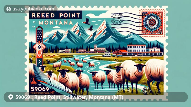 Modern illustration of Reed Point, Montana, featuring Great Montana Sheep Drive, Crow Indian cultural patterns, and postmarks with ZIP code 59069.