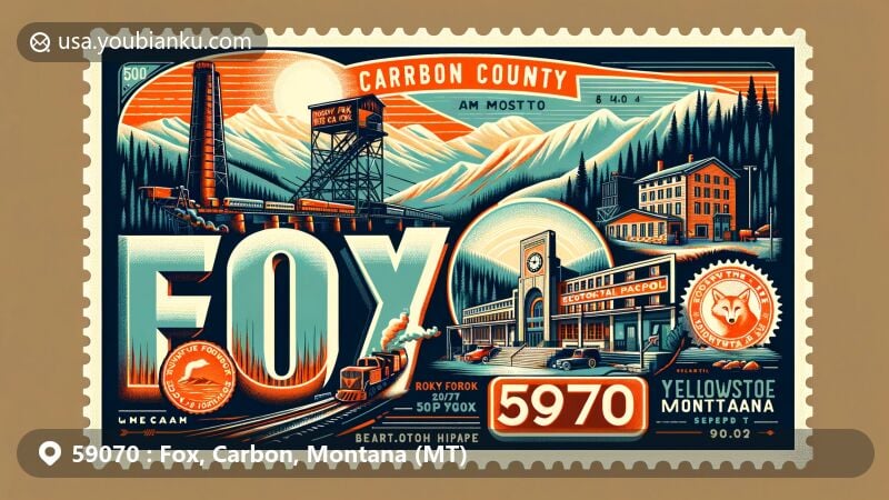 Modern illustration of Fox, Carbon County, Montana, styled as vintage postcard with postal theme, featuring ZIP code 59070, showcasing landmarks like Rocky Fork Coal Company, Roosevelt Arch, and Beartooth Highway.