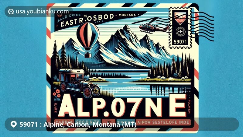 Modern illustration of Alpine, Carbon County, Montana, featuring East Rosebud Lake and the Three Sisters Peaks, with airmail envelope design and ZIP code 59071.