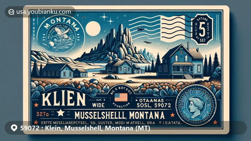 Modern illustration of Klein, Musselshell, Montana, highlighting the scenic beauty and landmarks including Rock Houses, lush greenery, and postal elements with ZIP code 59072.