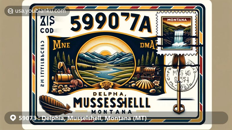 Modern illustration of Delphia, Musselshell, Montana, showcasing vintage air mail envelope with Montana state flag, state symbols, and scenic view of Delphia.