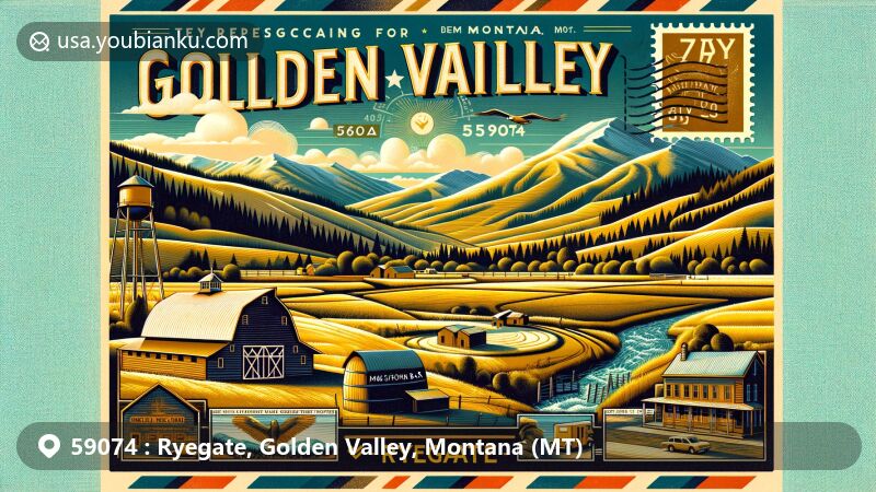 Modern illustration of Ryegate, Golden Valley, Montana, featuring golden rolling hills, Round Barn, Elkhorn Bar, Little Snowy Mountains, and Musselshell River, set in a vintage-style postcard with postal elements and ZIP code 59074.