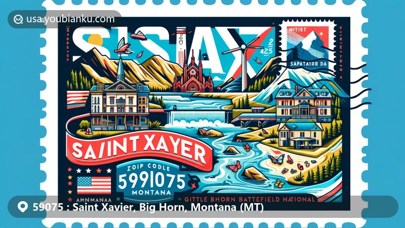 Modern illustration of Saint Xavier, Big Horn County, Montana, focusing on ZIP Code 59075, showcasing Yellowtail Dam, Fort Smith visitor center, and Little Bighorn Battlefield National Monument, along with Montana's state symbols and natural landscapes.