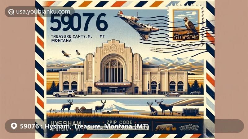 Modern illustration featuring Hysham, Treasure County, Montana, showcasing a vintage airmail envelope with the ZIP Code 59076, Yucca Theatre stamp, Yellowstone River, agricultural landscapes, and local wildlife.