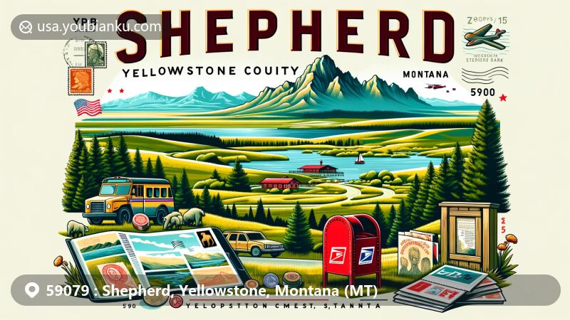 Modern illustration of Shepherd, Yellowstone County, Montana (MT), portraying rural landscape with Lake Elmo and Pictograph Cave State Park, along with postal elements like postcard, stamps, postmarks, and red mailbox.