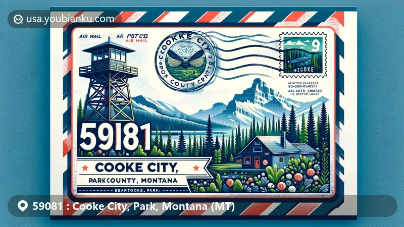 Modern illustration of Cooke City, Park, Montana ZIP code 59081, resembling an air mail envelope with postmark, air mail stripes, and stamp showcasing Clay Butte Fire Lookout Tower and picturesque landscapes.