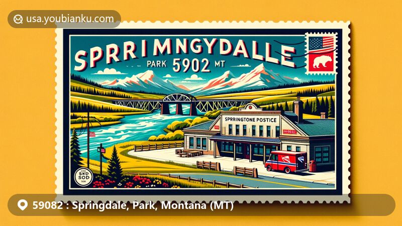 Modern illustration of Springdale, Park, Montana, showcasing postal theme with ZIP code 59082, featuring Yellowstone River, Springdale Bridge, and Montana's natural beauty.