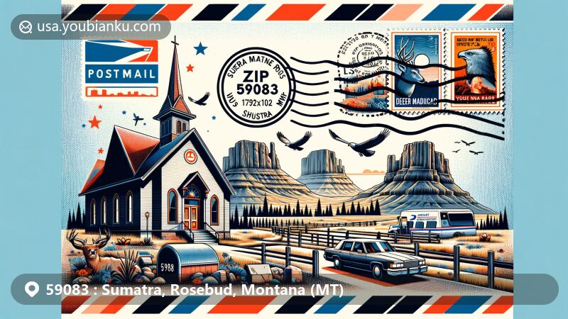 Modern illustration of Sumatra, Montana, showcasing airmail envelope design with ZIP code 59083, featuring iconic church and post office, Deer Medicine Rocks, and Rosebud Battlefield State Park.