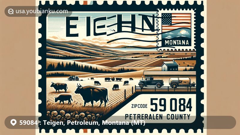 Artistic representation of Teigen, Petroleum County, Montana, resembling an airmail envelope with scenic views and Montana state symbols, showcasing the rustic landscape and agricultural essence of the area.