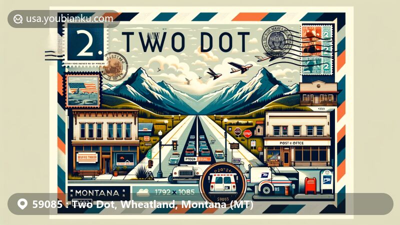 Creative illustration of Two Dot, Wheatland County, Montana, with postal theme and Crazy Mountains backdrop, depicting local streetscapes, post office, bank, and bar.