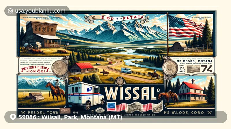Modern illustration of Wilsall area, Montana, showcasing Bridger Mountains and Shields River Valley, featuring Montana state flag with 'Oro y Plata' motto. Includes postal theme with '59086' ZIP code, mailbox, postal van, stamp designs, rodeo scenes, and Lewis and Clark Expedition elements.