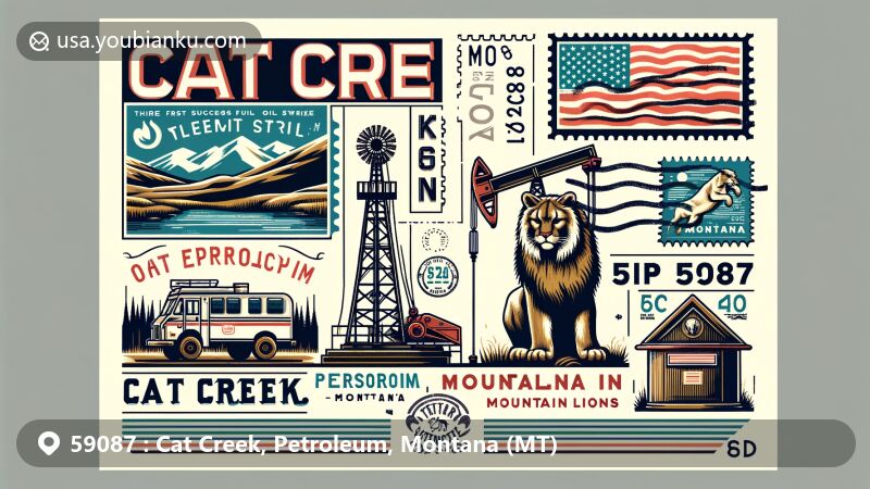 Modern illustration of Cat Creek, Petroleum, Montana, with vintage postcard design, highlighting oil exploration history and mountain lion legends.