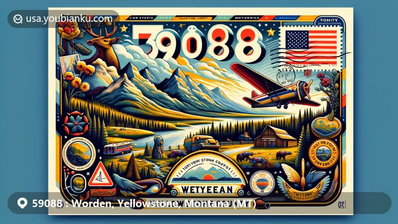 Vintage-style illustration of Worden, Yellowstone, Montana, highlighting ZIP code 59088 with airmail envelope and state landscapes, featuring Montana state flag and Yellowstone cultural symbols.