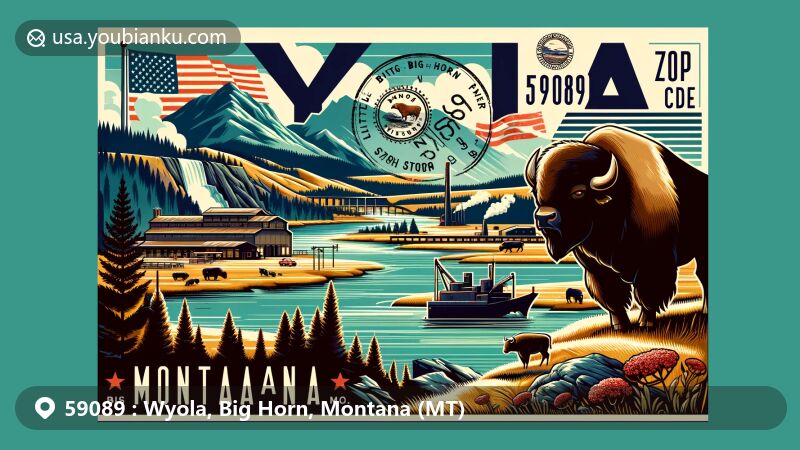 Contemporary illustration of ZIP Code 59089 area in Wyola, Big Horn, Montana, featuring Little Big Horn River, cattle, coal mine, and buffalo, symbolizing Crow Indian heritage.