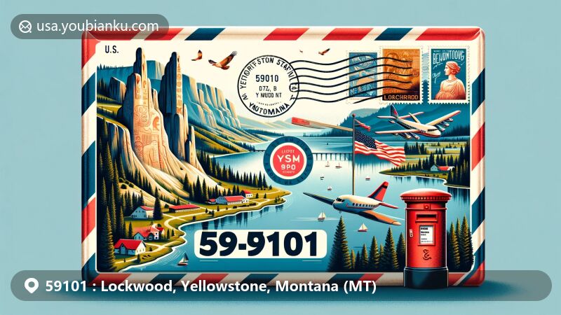 Modern illustration of Lockwood, Yellowstone County, Montana, resembling an airmail envelope with scenic landscape and key landmarks like Pictograph State Park, Pompey's Pillar, and Lake Elmo.
