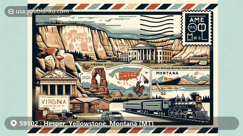 Modern illustration of Hesper, Yellowstone County, Montana, featuring airmail envelope with historical sites like Virginia City, Pictograph Cave State Park, Pompeys Pillar National Monument, First Peoples Buffalo Jump State Park, and Great Northern Railway.