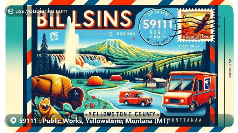 Modern illustration of Billings, Montana, showcasing ZIP code 59111 with iconic landmarks, Yellowstone National Park scenery, geysers, wildlife, and postal elements.