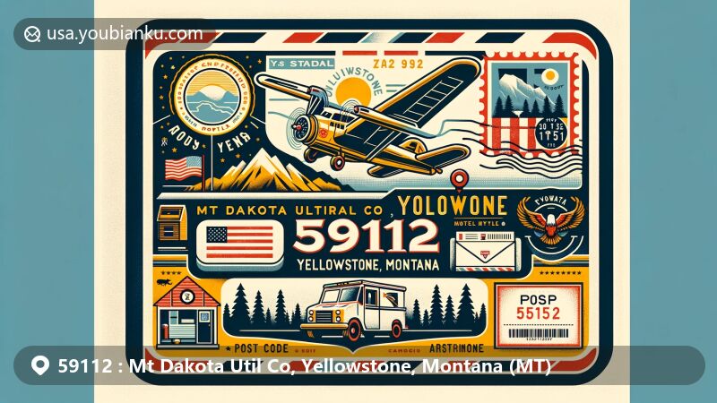 Modern illustration of Mt Dakota Util Co, Yellowstone County, Montana, themed around ZIP code 59112, featuring vintage airmail envelope with Montana state symbols and Yellowstone's natural beauty or landmark.