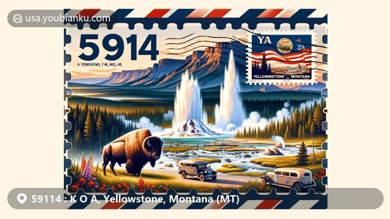 Colorful illustration of K O A, Yellowstone, Montana (MT), featuring Yellowstone National Park's geysers and wildlife, along with the Montana state flag, and a stylized postal envelope with ZIP Code 59114 and iconic Yellowstone landmark stamp.