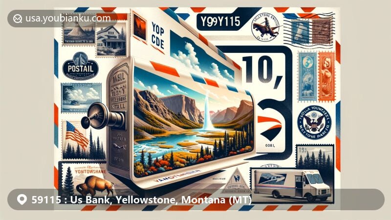 Modern illustration of Yellowstone County, Montana, showcasing postal theme with ZIP code 59115, featuring Yellowstone National Park's geysers, wildlife, and landscapes.