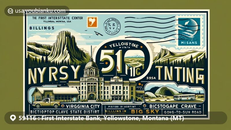 Modern illustration of Yellowstone County, Montana, showcasing postal theme with ZIP code 59116, featuring First Interstate Center, Virginia City Historic District, Pictograph Cave State Park, Big Sky Ski Resort, and Going-To-The-Sun Road.