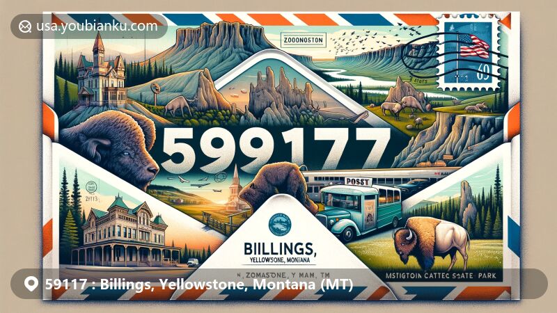 Modern illustration of Billings, Yellowstone County, Montana, with Moss Mansion, ZooMontana wildlife, Rimrocks, Yellowstone Art Museum, Pictograph Cave State Park, and Montana state symbols, centered around ZIP code 59117.