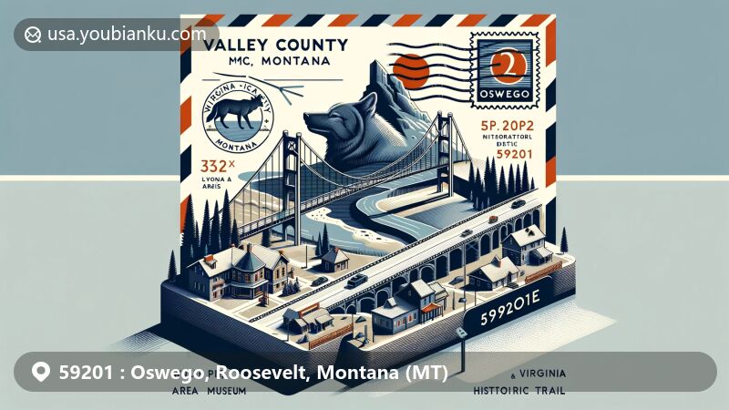 Modern illustration of Oswego, Valley County, Montana, highlighting postal theme with ZIP code 59201, incorporating Lewis and Clark Bridge, Wolf Point Area Museum, Virginia City Historic District, and Lewis & Clark National Historic Trail.