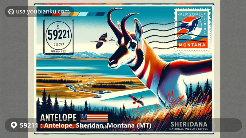 Modern illustration of Antelope, Sheridan, Montana, showcasing wildlife and postal theme with ZIP code 59211, featuring pronghorn and Medicine Lake National Wildlife Refuge.