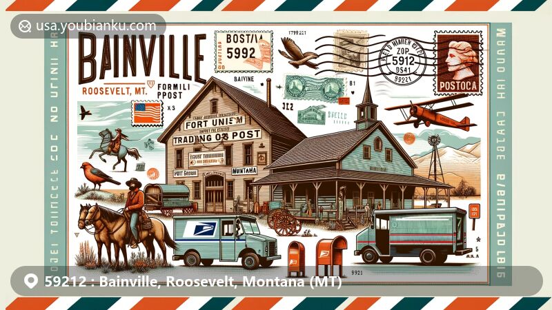 Modern illustration of Bainville, Roosevelt County, Montana, featuring rural charm and historical landmarks like Fort Union Trading Post and Fort Buford State Historic Site, integrated with postal elements like a postcard, stamps, and a mailbox, reflecting the local culture and postal heritage.